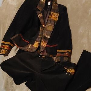 Black Blazer and Pants Set with Gold and Red Accents Sz 38 Blazer